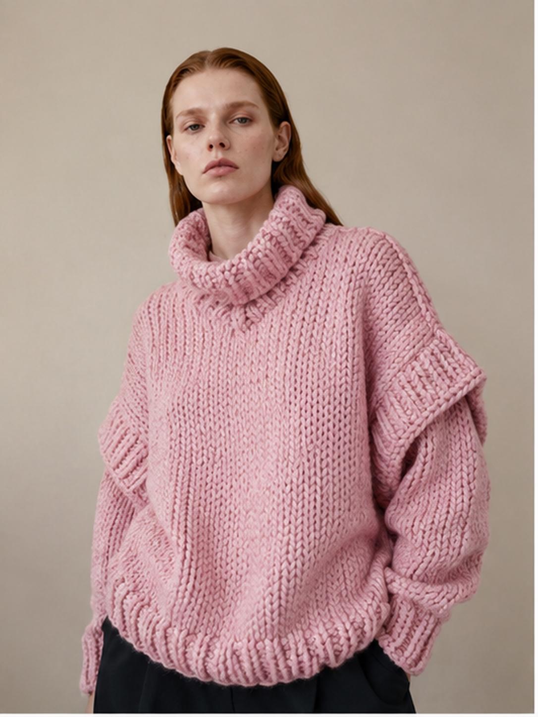 Pink chunky hand-knit oversized turtleneck sweater by HazumiCrafts