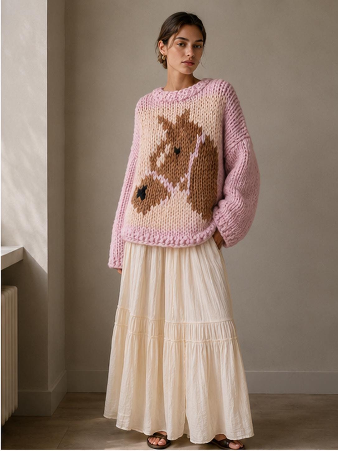 Pink chunky knit horse intarsia crew neck sweater by HazumiCrafts